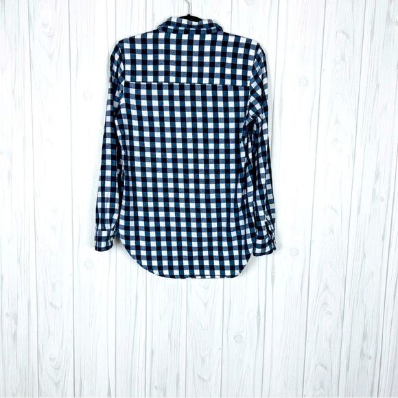 Per Se Blouse Top Shirt Cotton Plaid Button Up Navy Blue White M - Picture 2 of 3